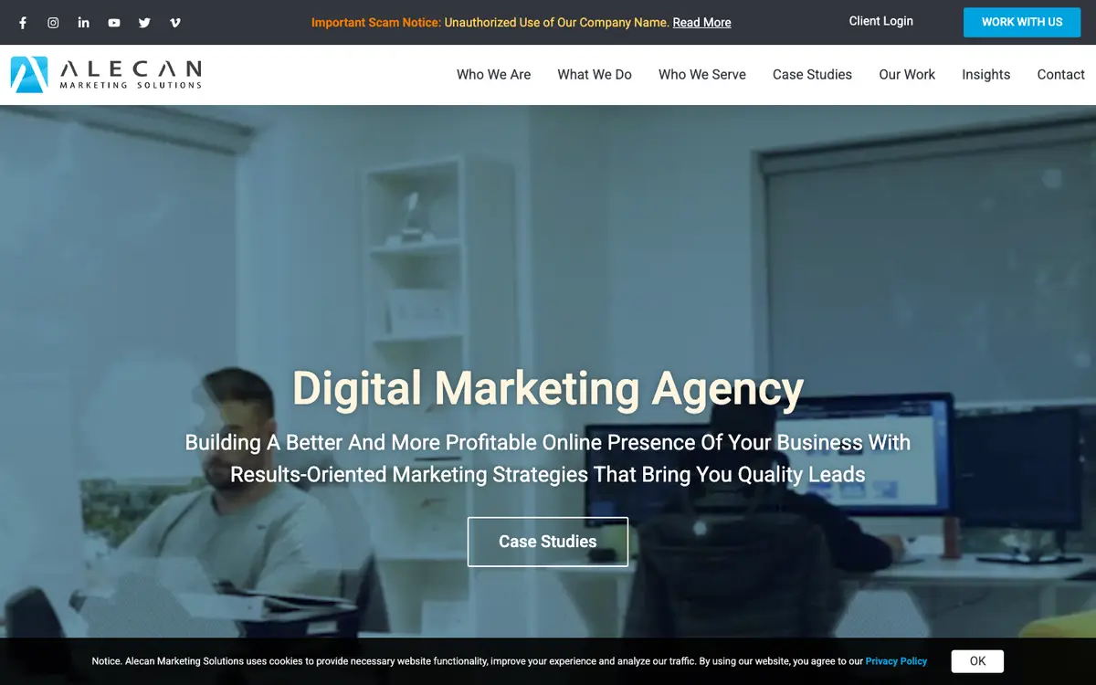 Screenshot of Alecan Marketing Solutions' homepage in 2026