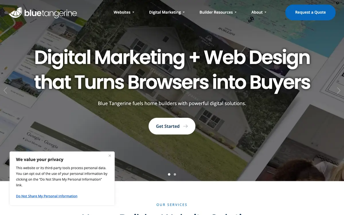 Screenshot of Blue Tangerine's homepage in 2026