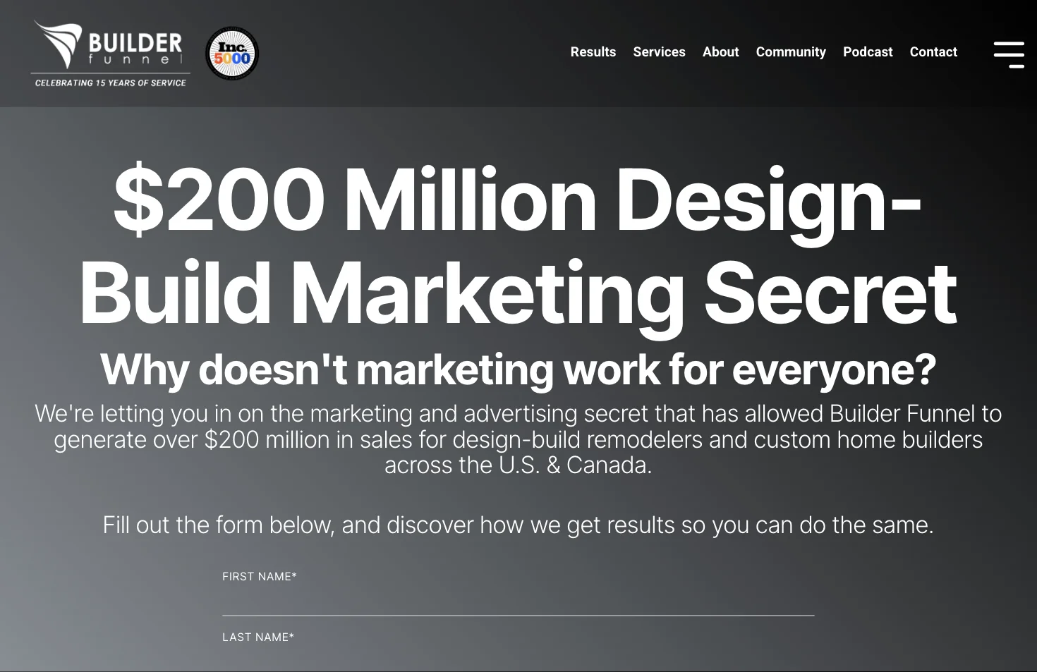 Screenshot of Builder Funnel's homepage in 2026