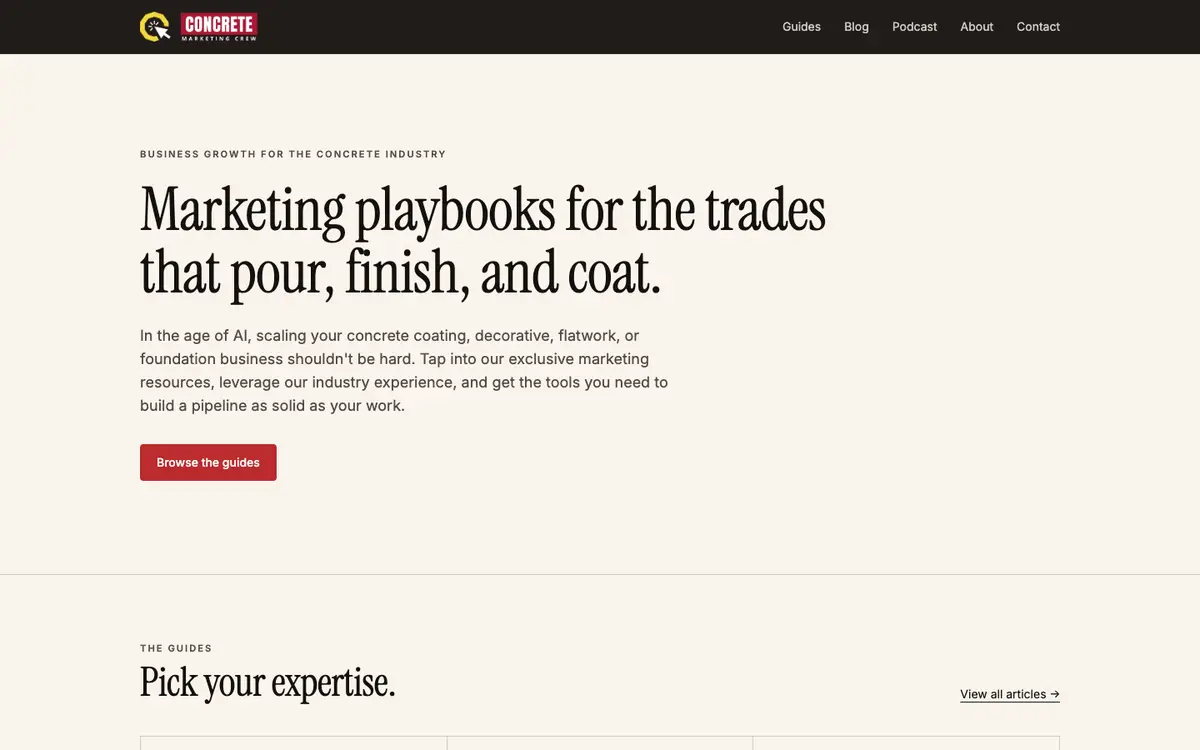 Screenshot of Concrete Marketing Crew's homepage in 2026