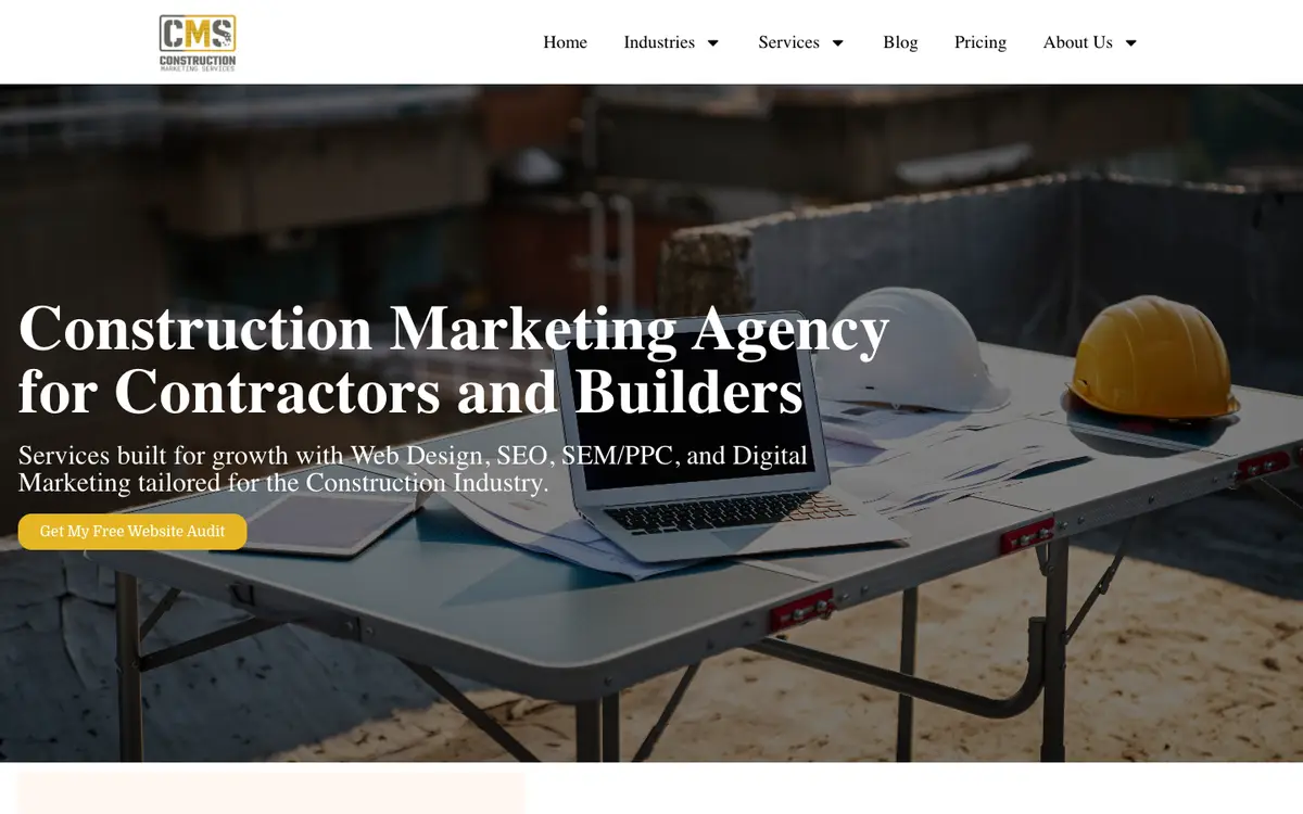 Screenshot of Construction Marketing Services's homepage in 2026