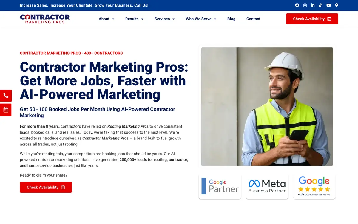 Screenshot of the Contractor Marketing Pros homepage, one of the agencies ranked in this article