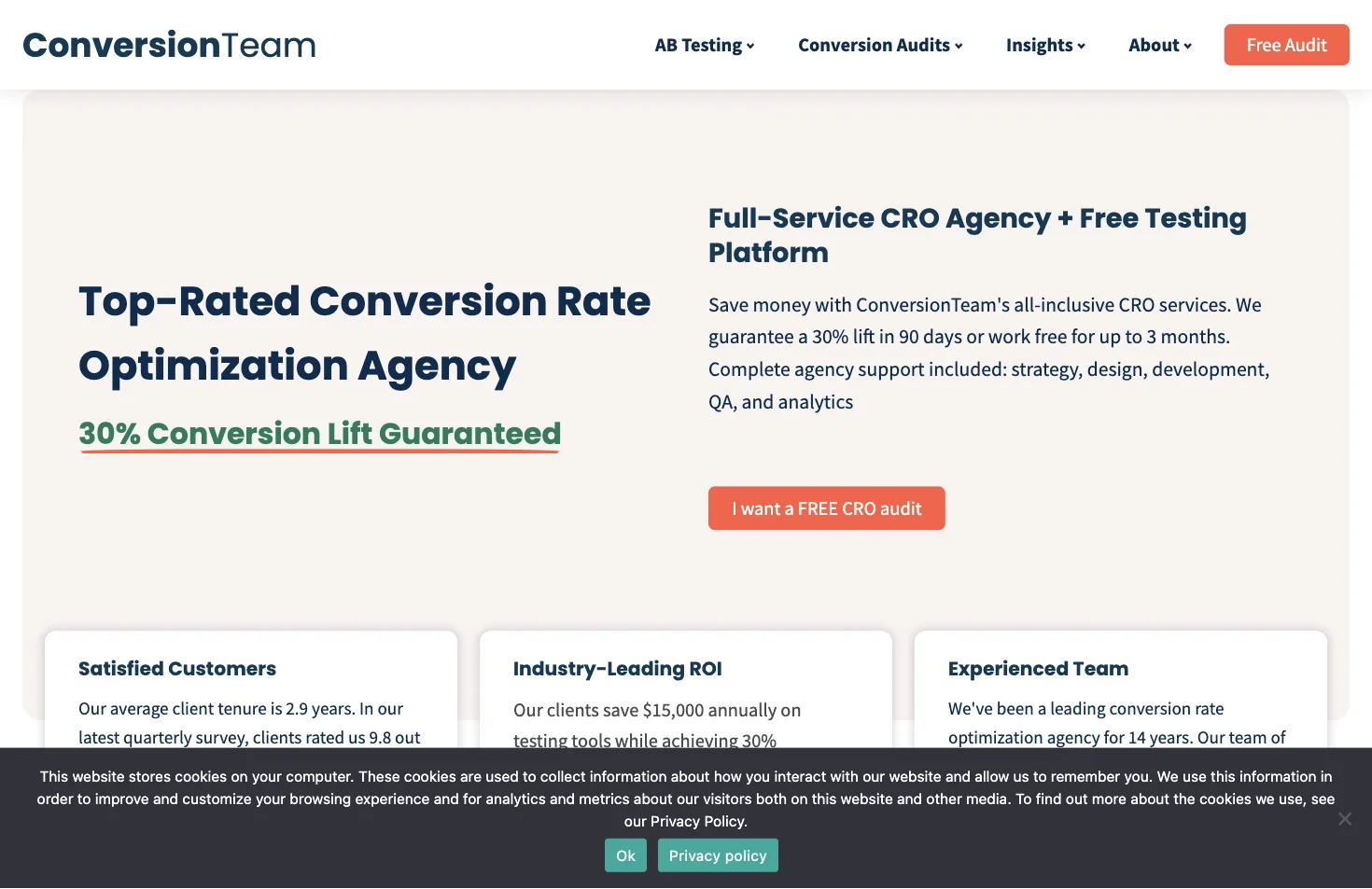 Screenshot of ConversionTeam's homepage in 2026
