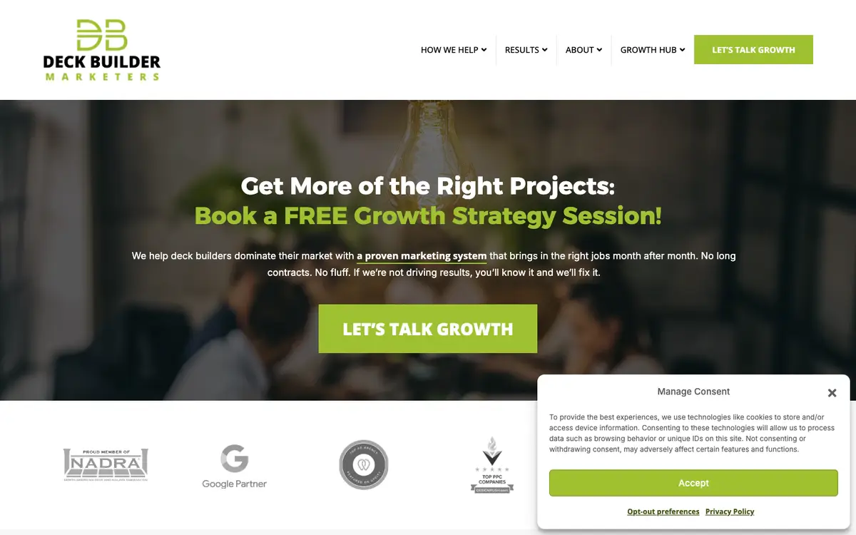 Screenshot of Deck Builder Marketers' homepage in 2026
