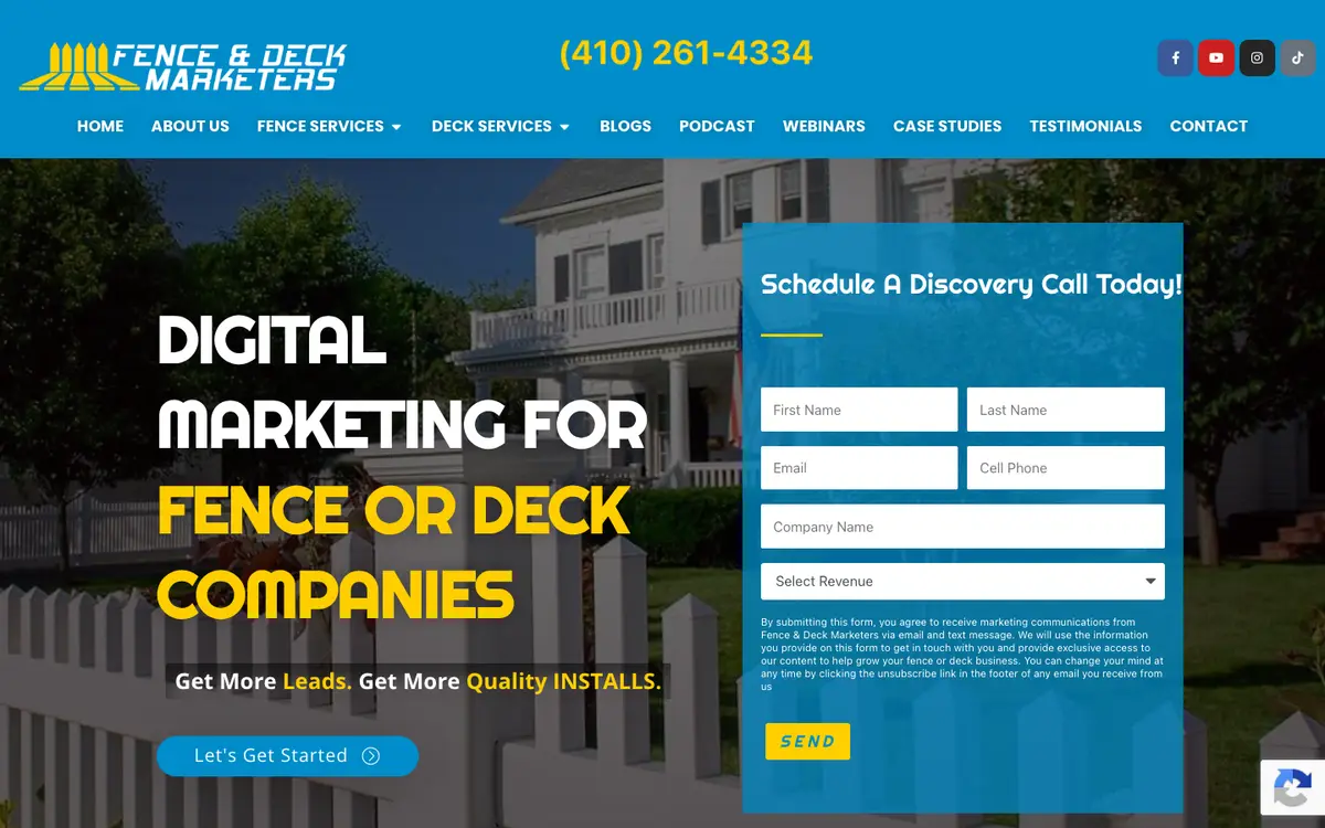 Screenshot of Fence & Deck Marketers' homepage in 2026
