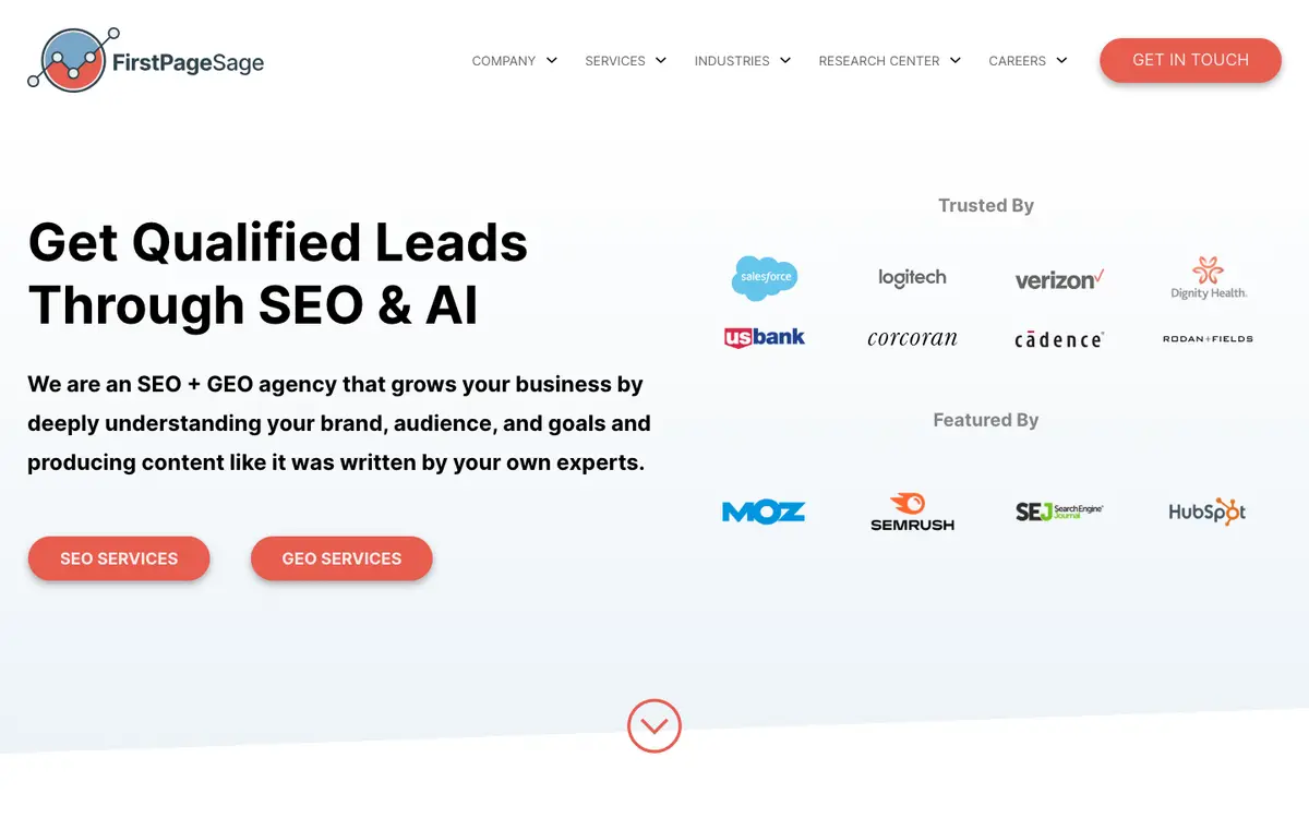 Screenshot of First Page Sage's homepage in 2026