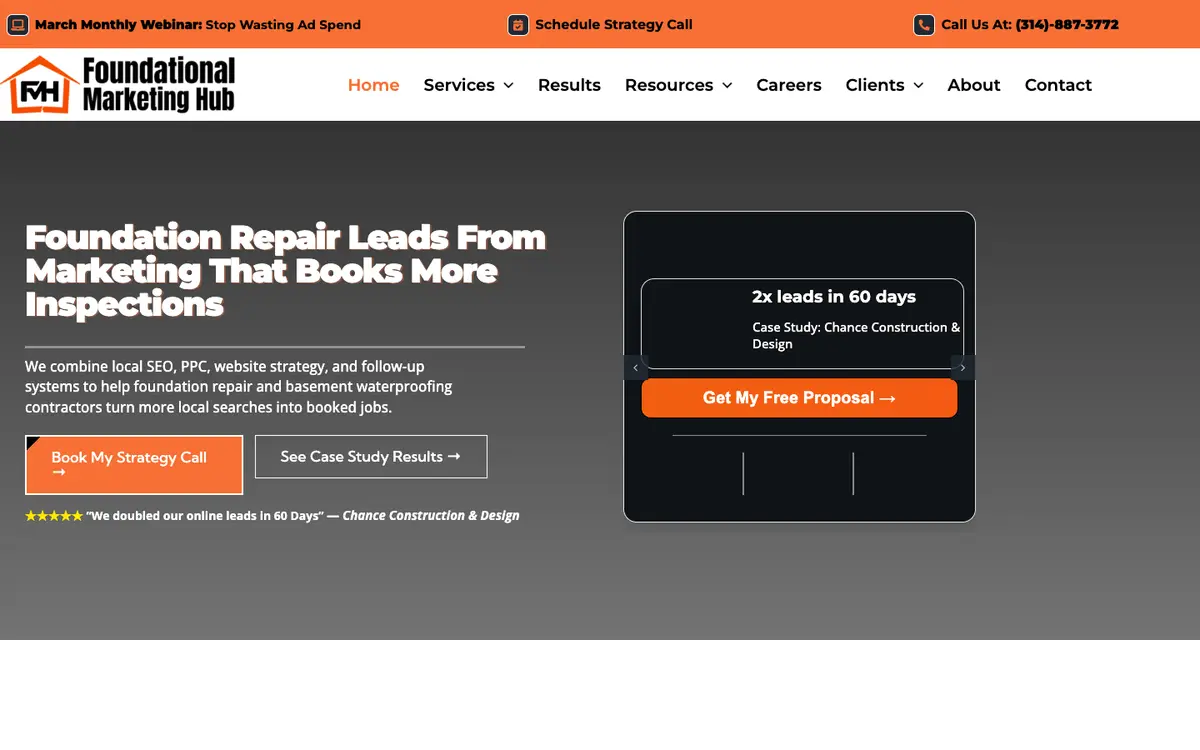 Screenshot of Foundational Marketing Hub's homepage in 2026