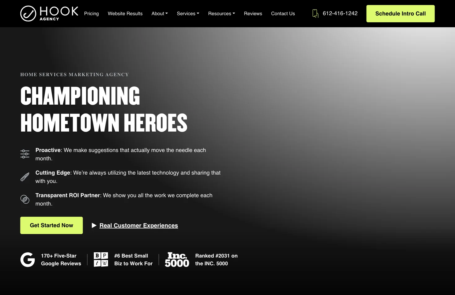Screenshot of Hook Agency's homepage in 2026