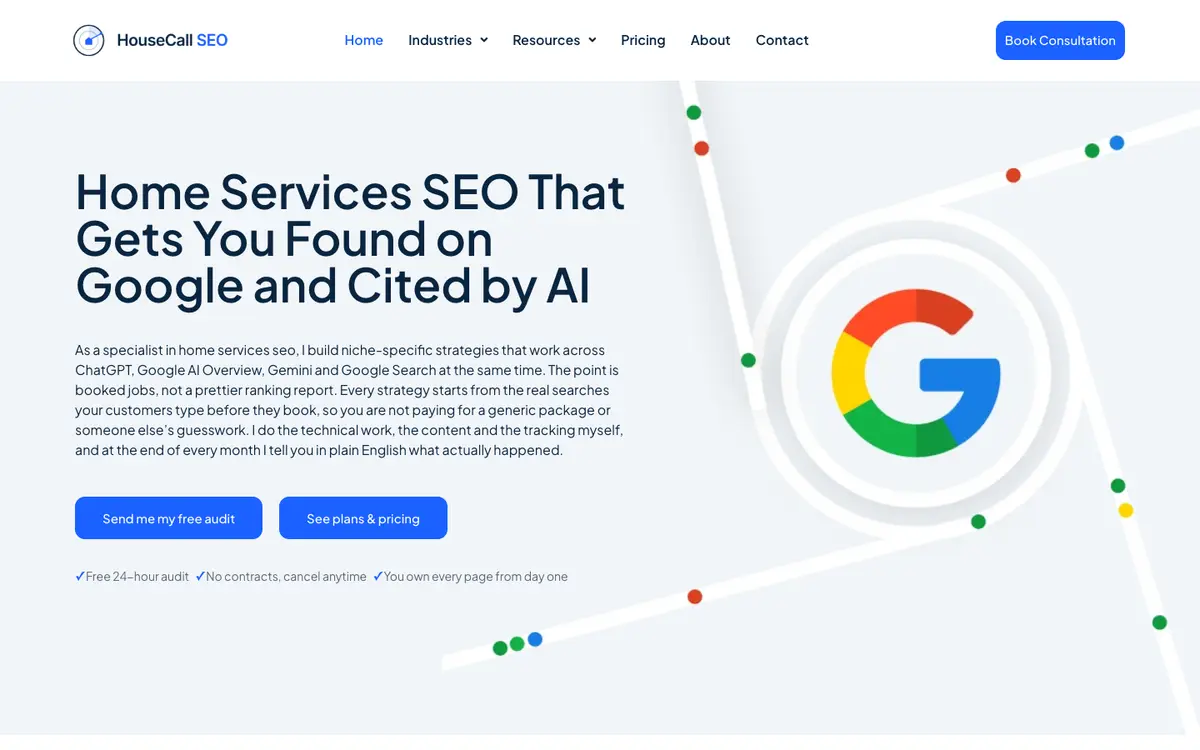 Screenshot of HouseCall SEO's homepage in 2026