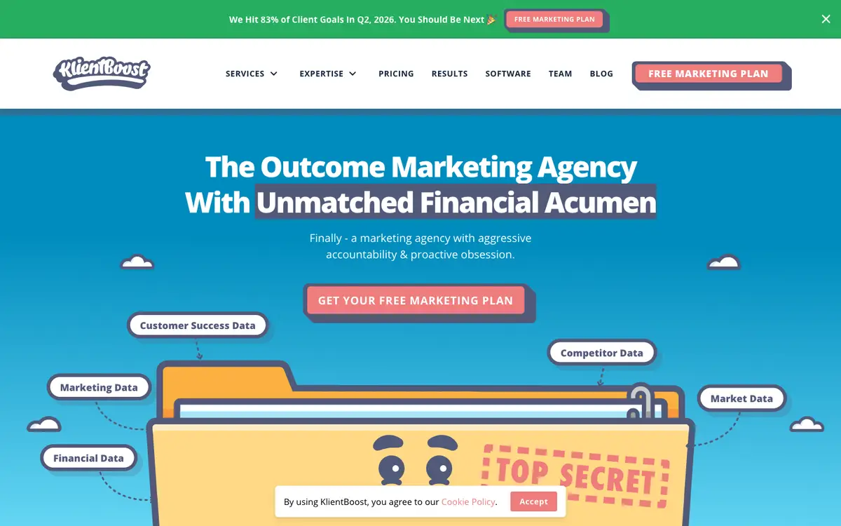 Screenshot of KlientBoost's homepage in 2026