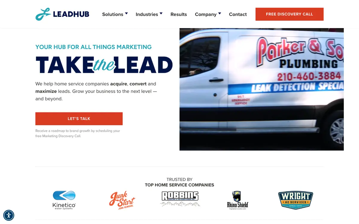 Screenshot of LeadHub's homepage in 2026