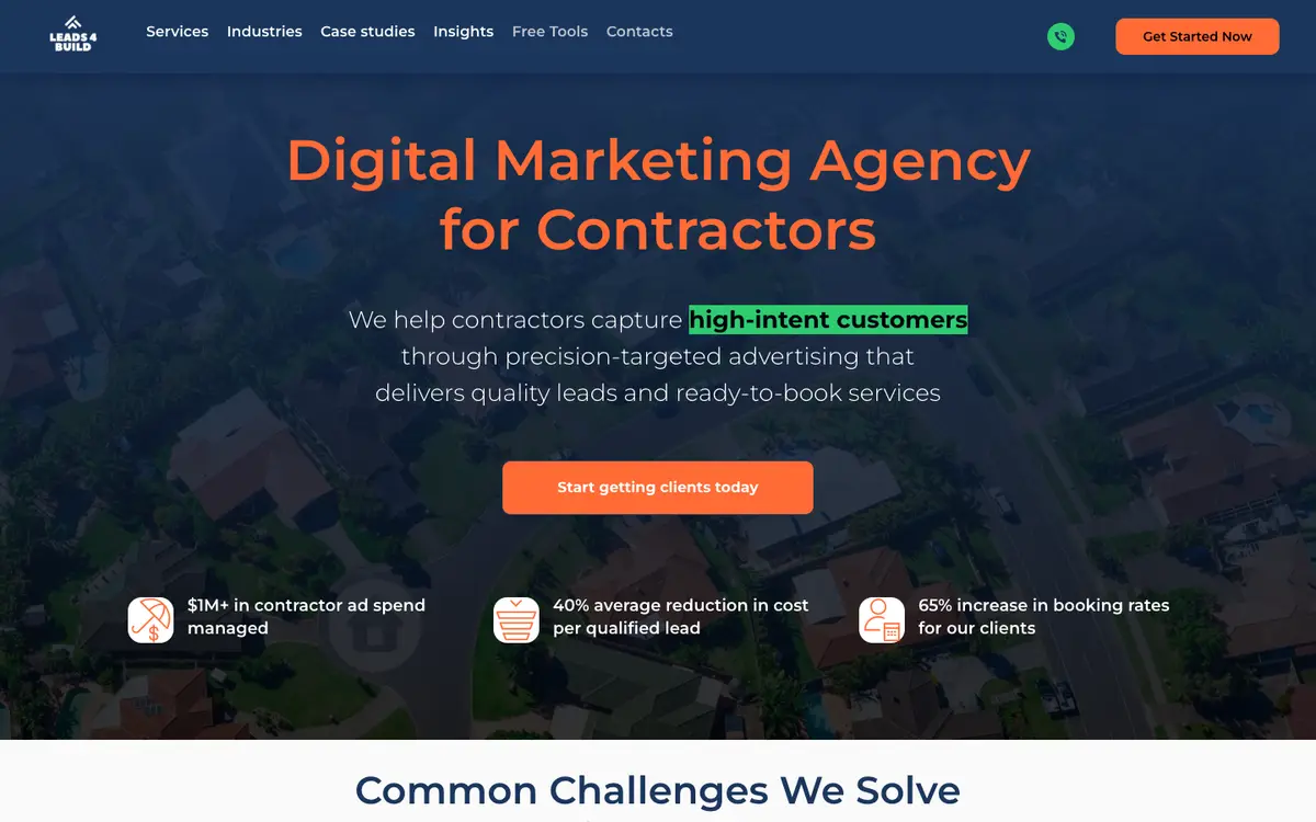 Screenshot of Leads4Build's homepage in 2026