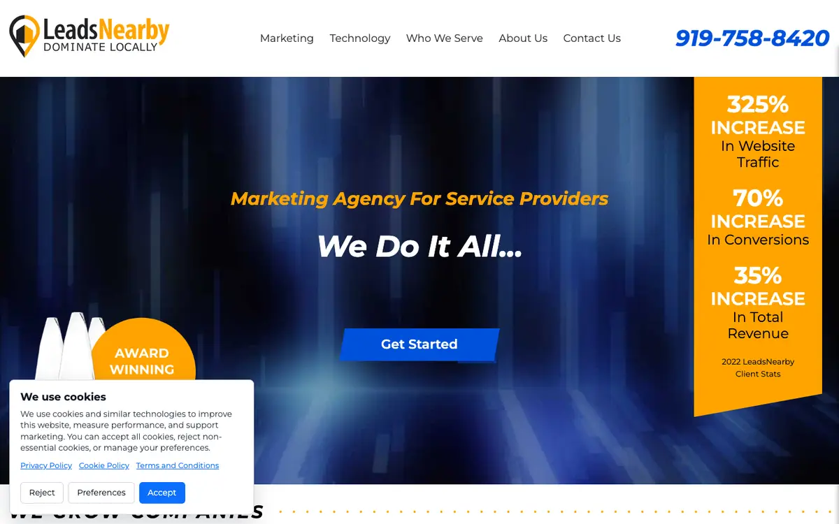 Screenshot of LeadsNearby's homepage in 2026
