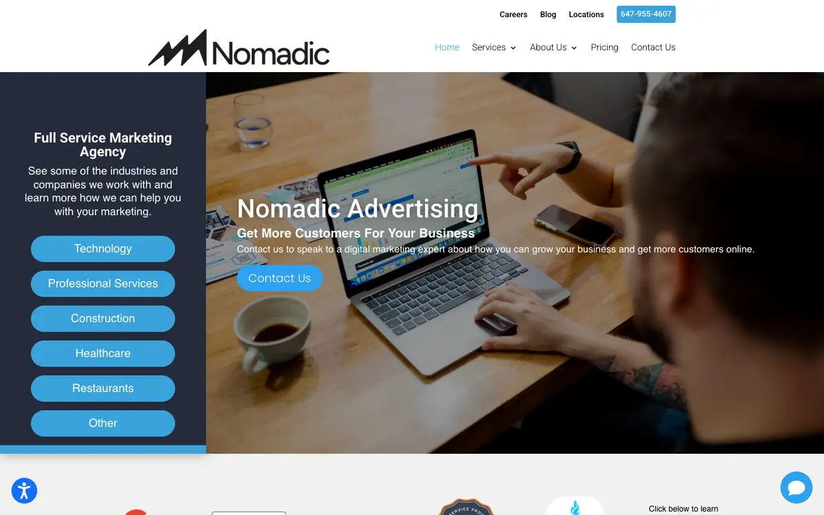 Screenshot of Nomadic Advertising's homepage in 2026