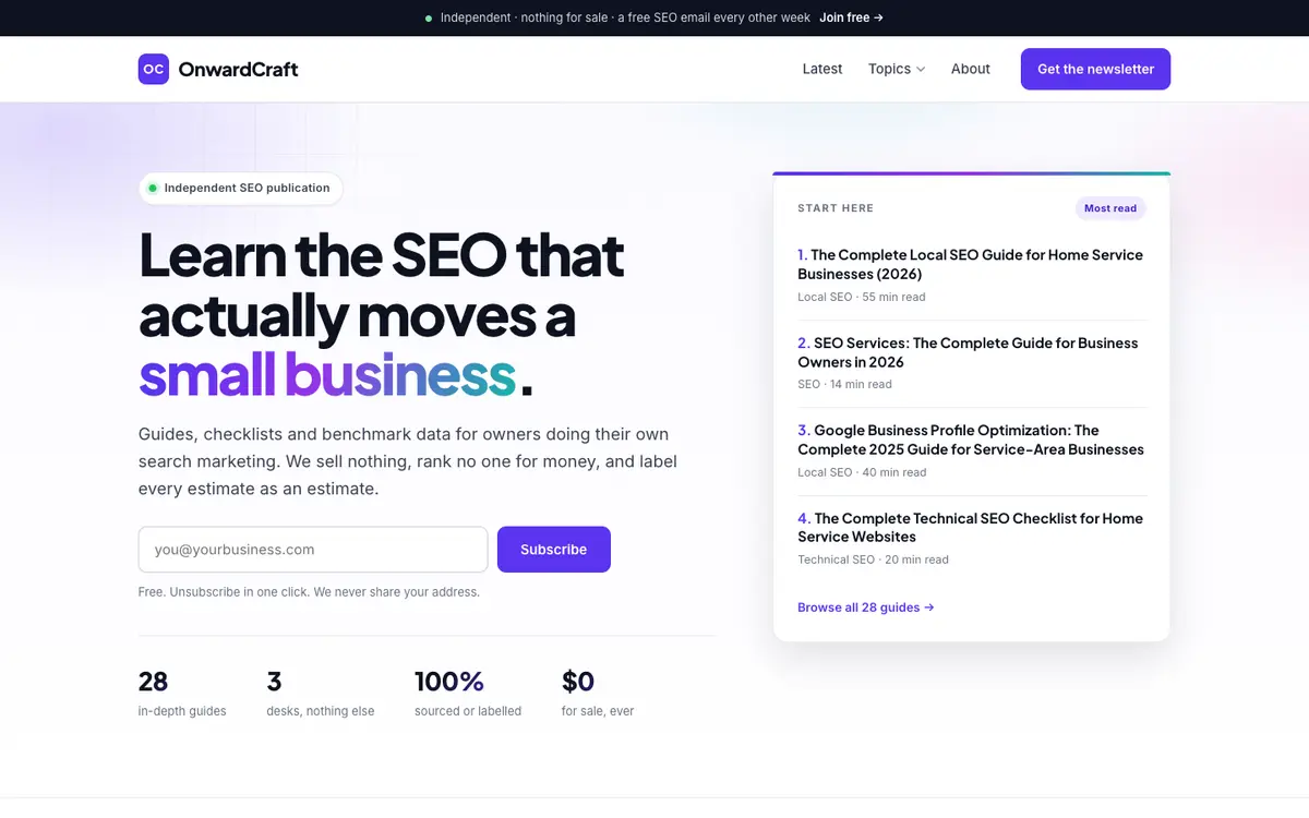Screenshot of OnwardCraft's homepage in 2026