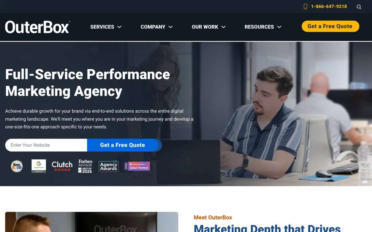 Screenshot of OuterBox Design's homepage in 2026