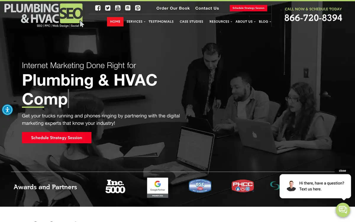 Screenshot of Plumbing and HVAC SEO's homepage in 2026
