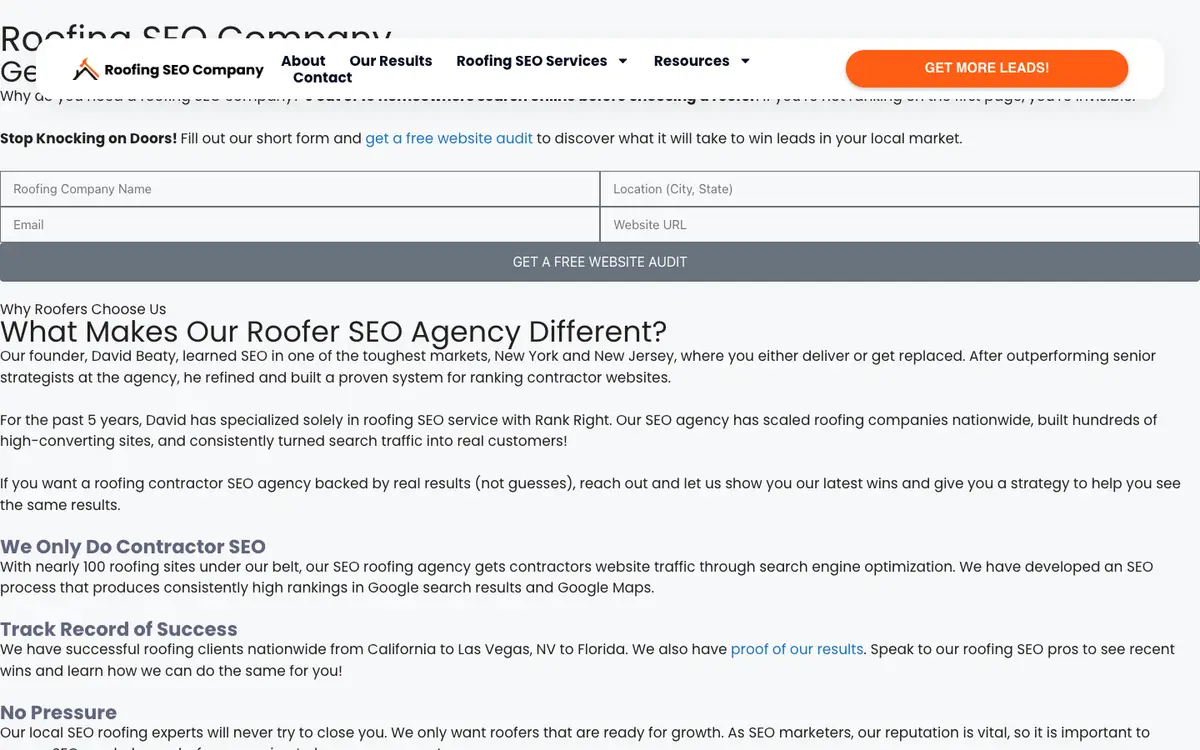 Screenshot of Roofing SEO Company's homepage in 2026