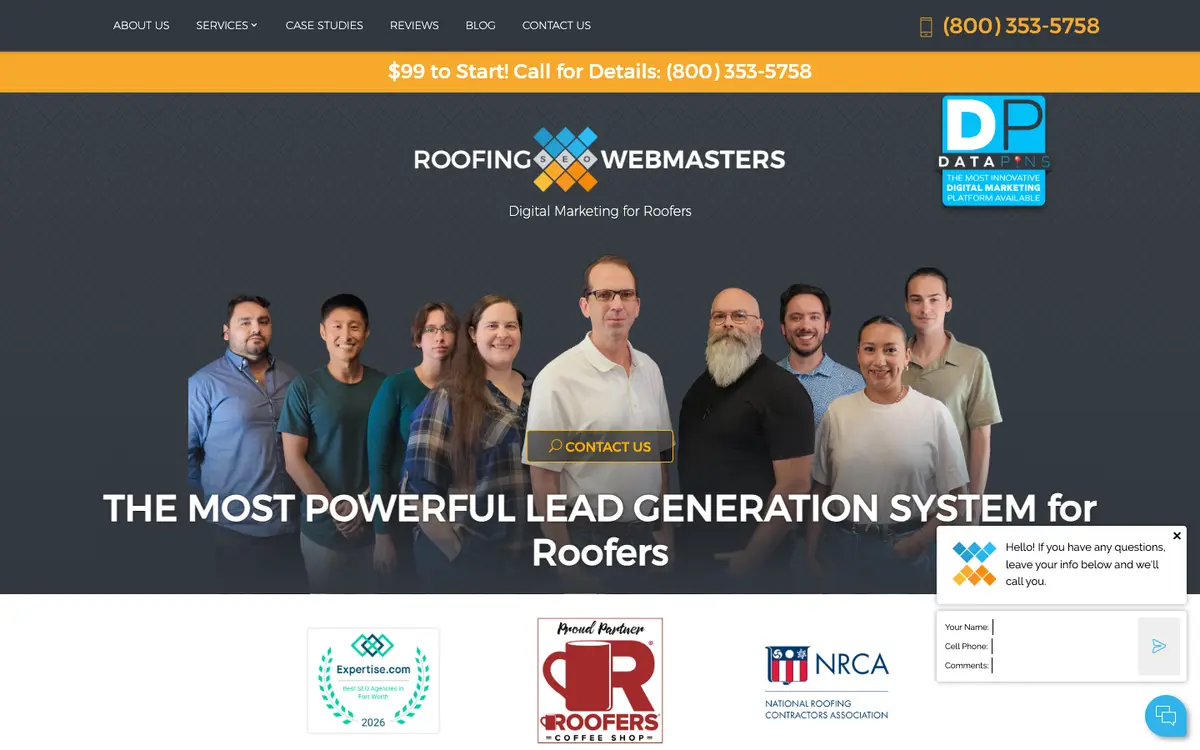 Screenshot of the Roofing Webmasters homepage, one of the agencies ranked in this article