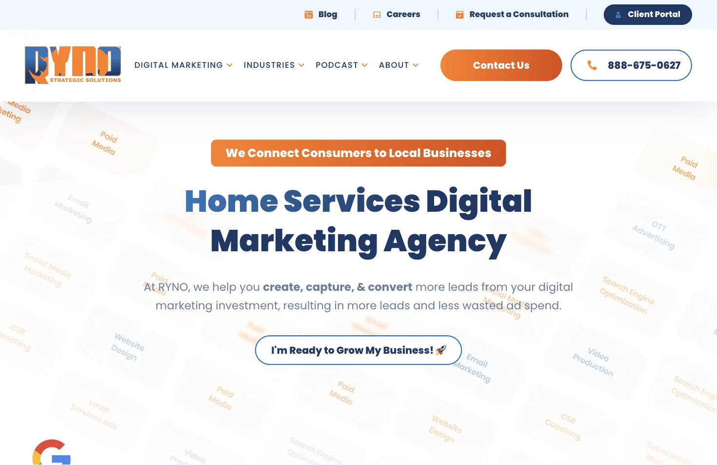 Screenshot of RYNO Strategic Solutions' homepage in 2026