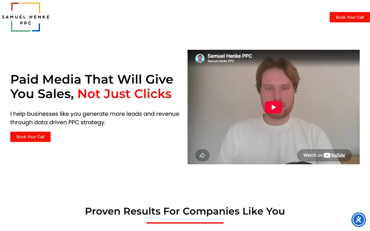 Screenshot of Samuel Henke PPC's homepage in 2026