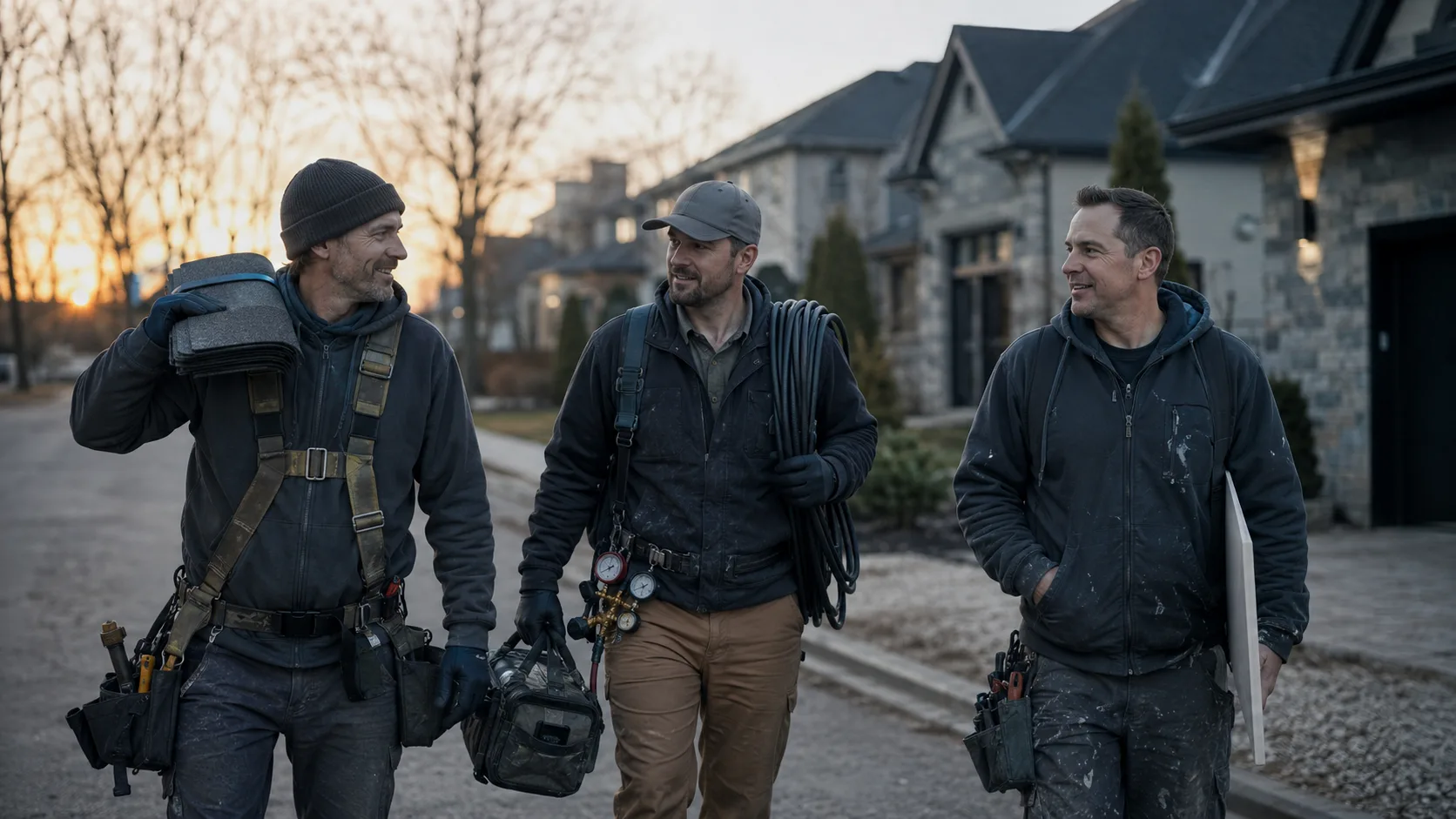 Three trades — a roofer, an HVAC tech, and a remodeler — on a shared residential street.