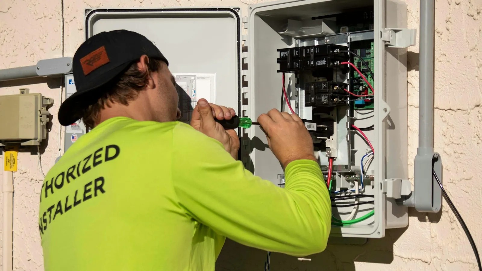 Electrician working at an open electrical service panel