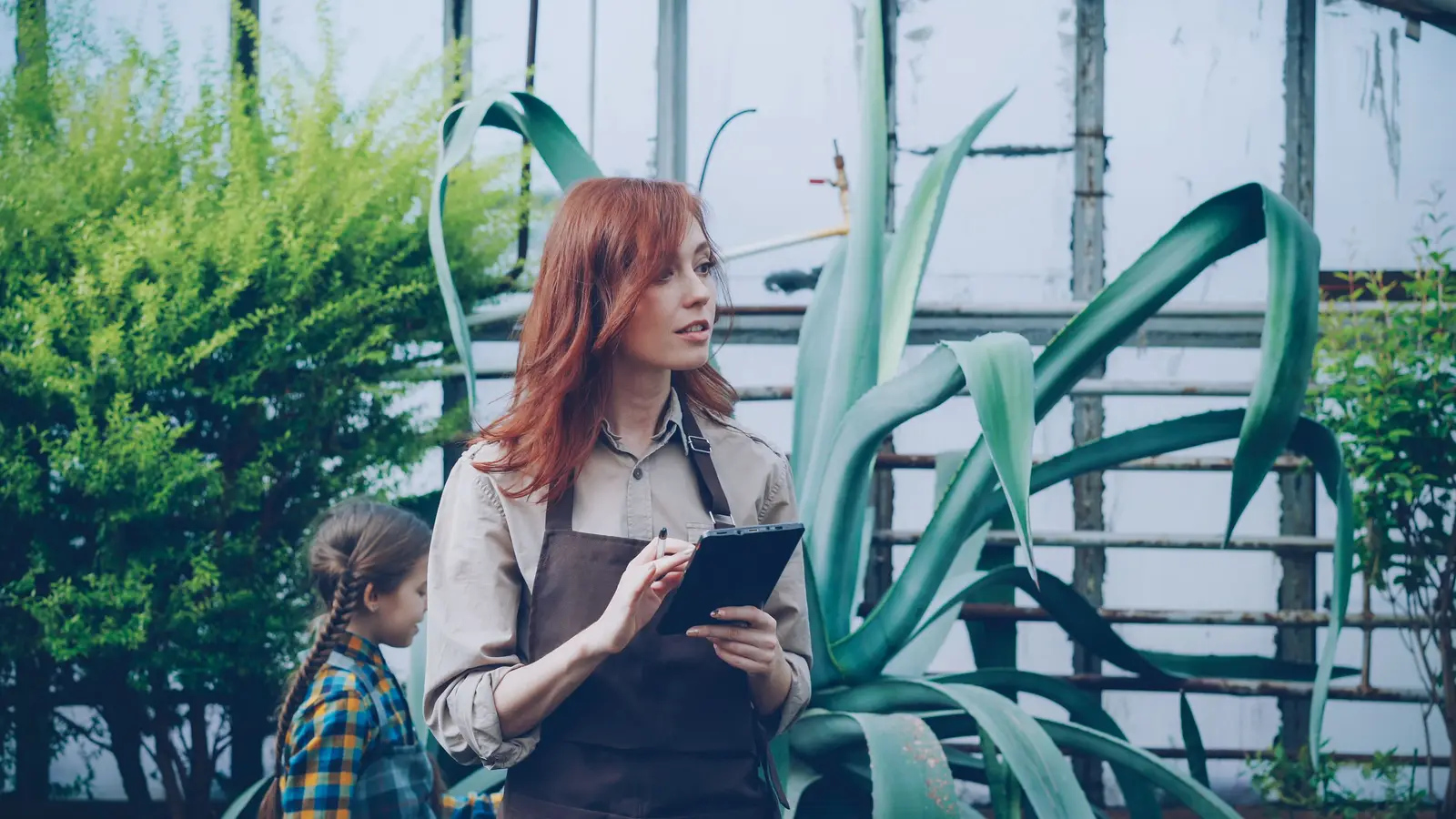 Landscaping professional reviewing agency websites on a tablet in a greenhouse