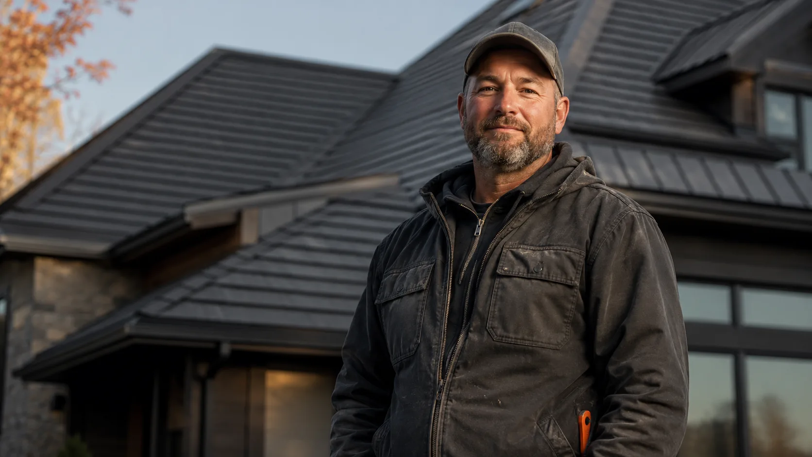 Roofing-crew owner standing proudly in front of a freshly completed roof.