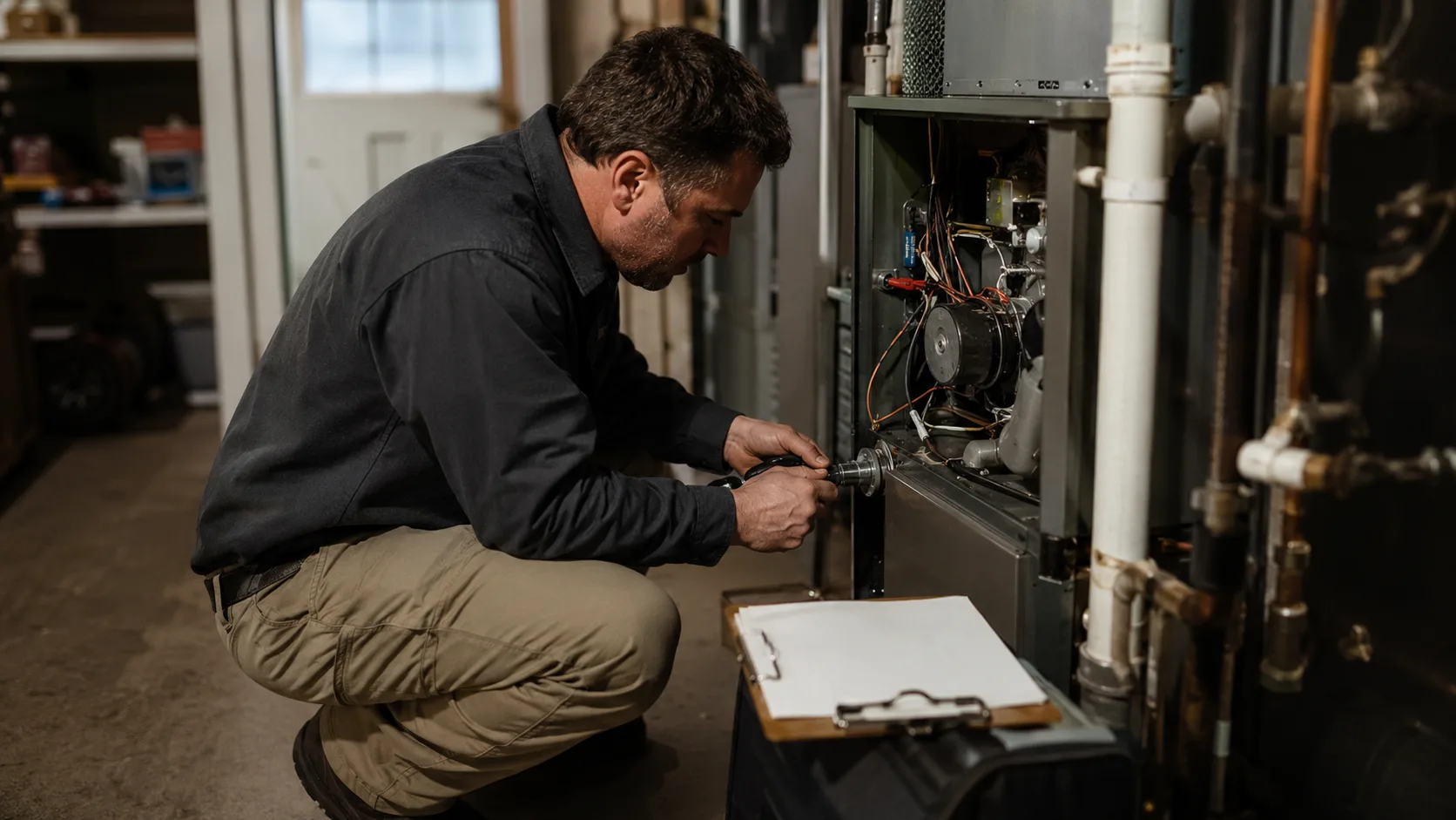 HVAC technician servicing a residential furnace, evoking a recurring maintenance plan.