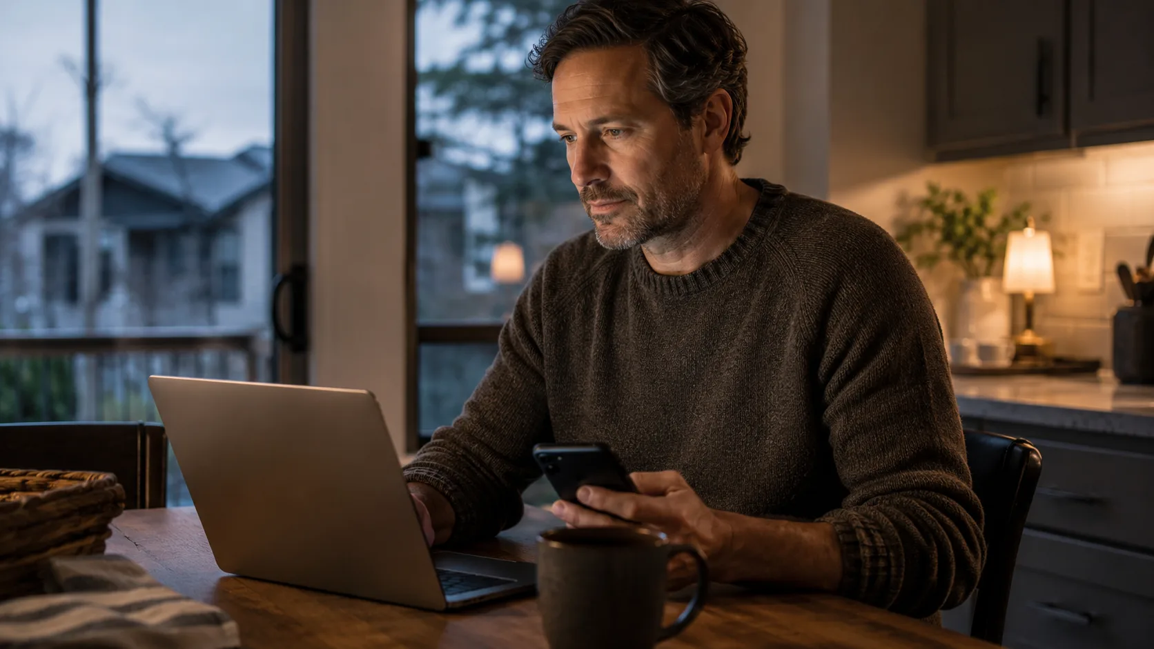 Homeowner booking an HVAC service call on a laptop in the evening.