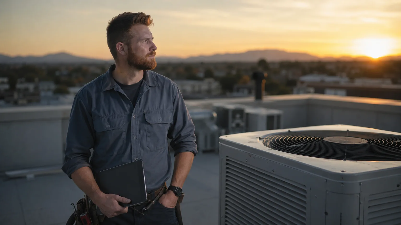HVAC technician checking a service company website on a tablet beside a rooftop condenser unit.