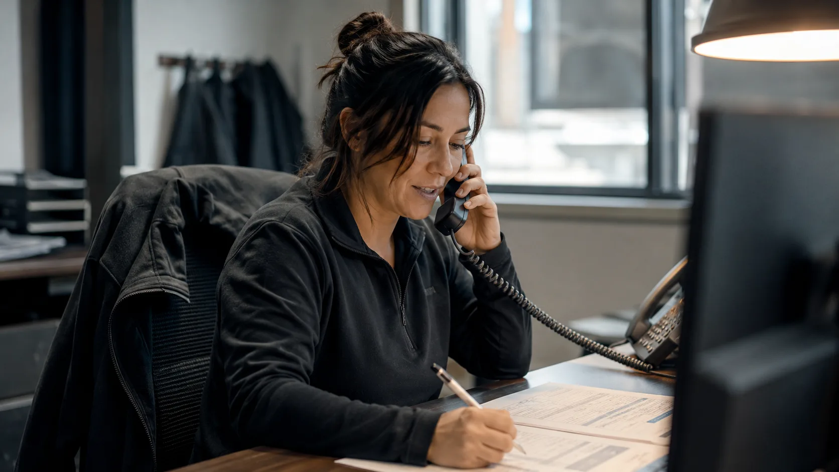 HVAC service coordinator at her desk answering a landline phone, pen in hand — the moment a web visitor converts to a booked call.