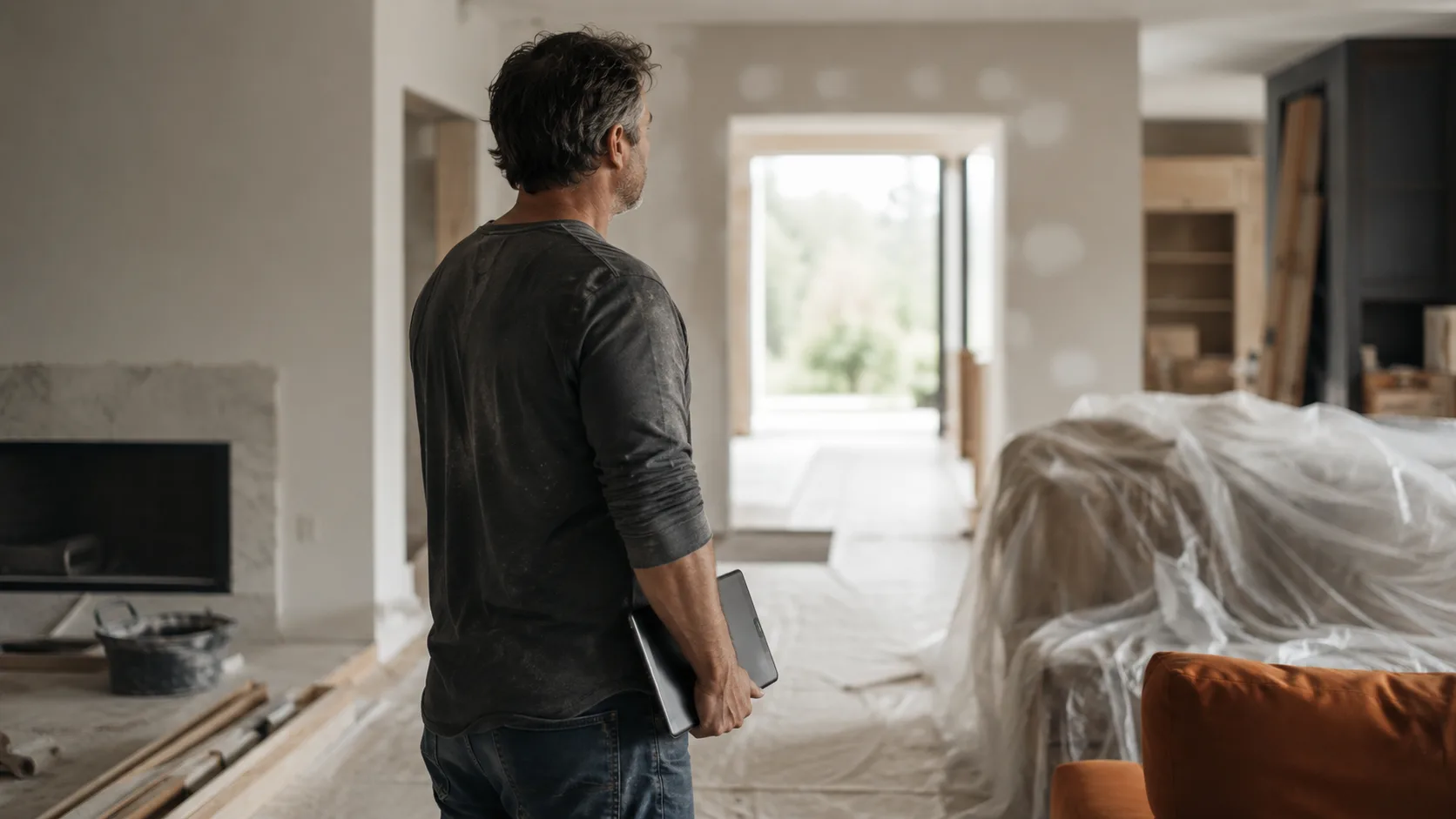 Remodeler with a tablet in a half-renovated room, evoking website accessibility.