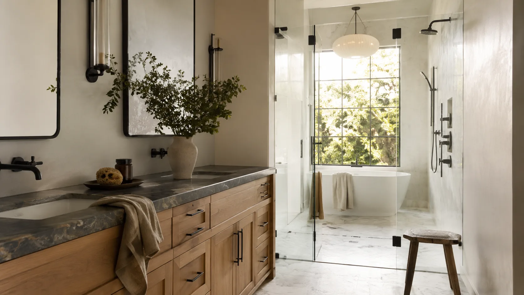 A beautifully finished high-end bathroom remodel — natural wood vanity, freestanding tub, glass shower, warm window light.