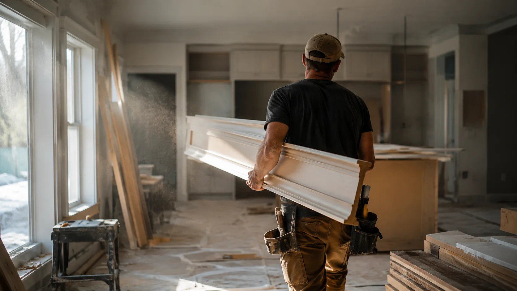Remodeler carrying finished cabinetry through a bright renovation in progress.