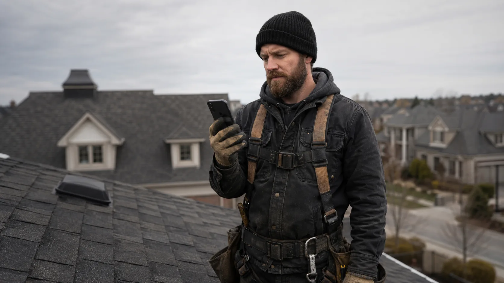 Roofer pausing to check a phone on a residential roof, evoking website accessibility.