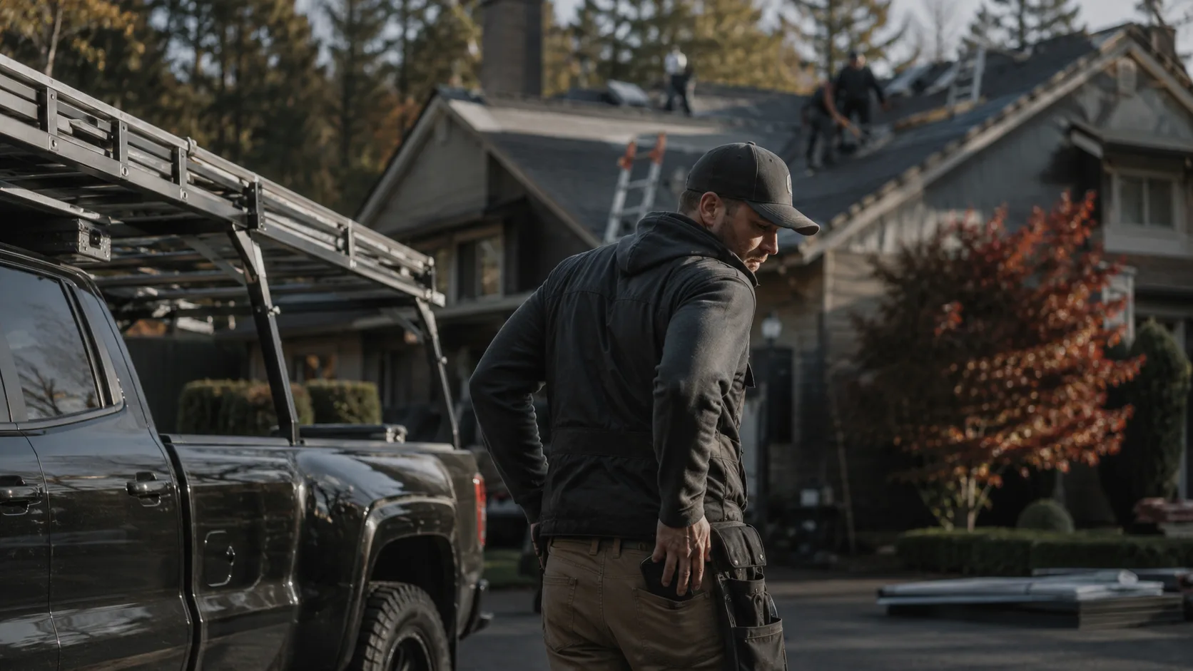 Roofing company truck at a job site as a roofer reaches for a ringing phone.