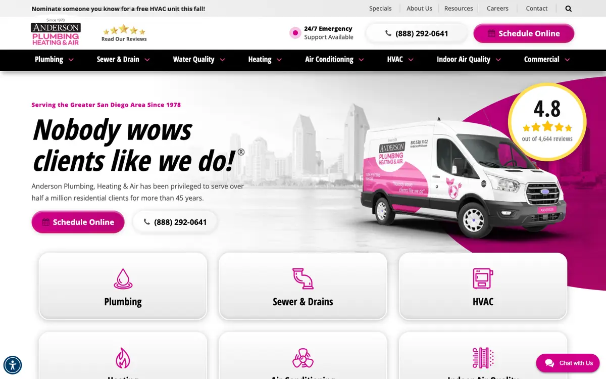 Screenshot of Anderson Plumbing, Heating & Air's homepage in 2026