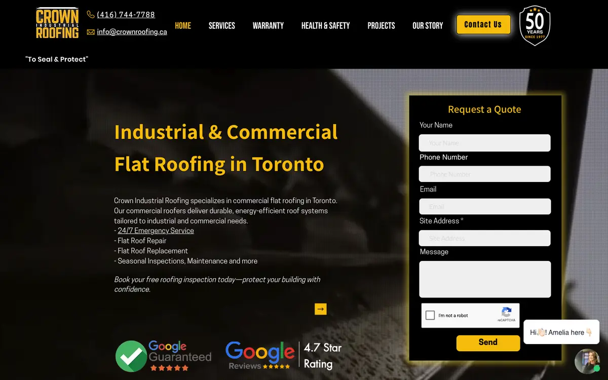 Screenshot of Crown Industrial Roofing's homepage in 2026