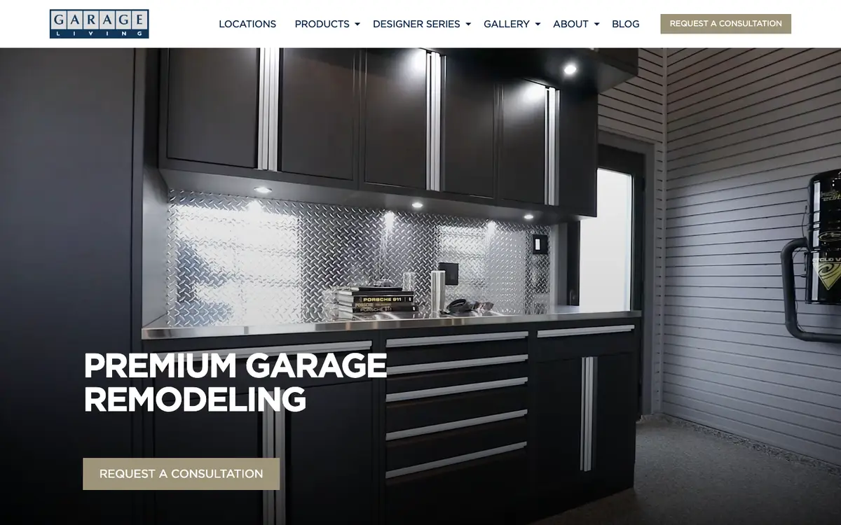 Screenshot of Garage Living's homepage in 2026