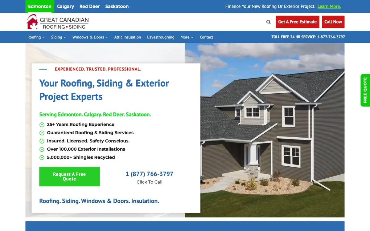 Screenshot of Great Canadian Roofing, Siding, Exteriors's homepage in 2026