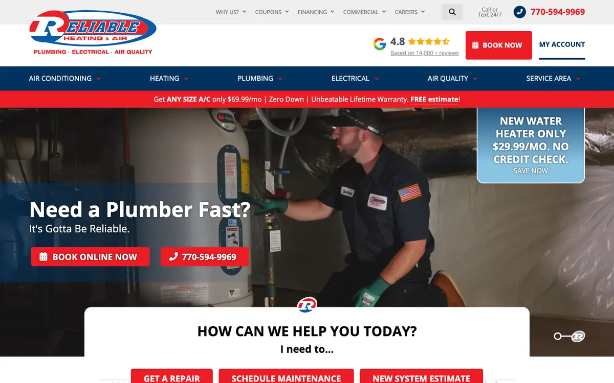 Screenshot of Reliable Heating & Air's homepage in 2026