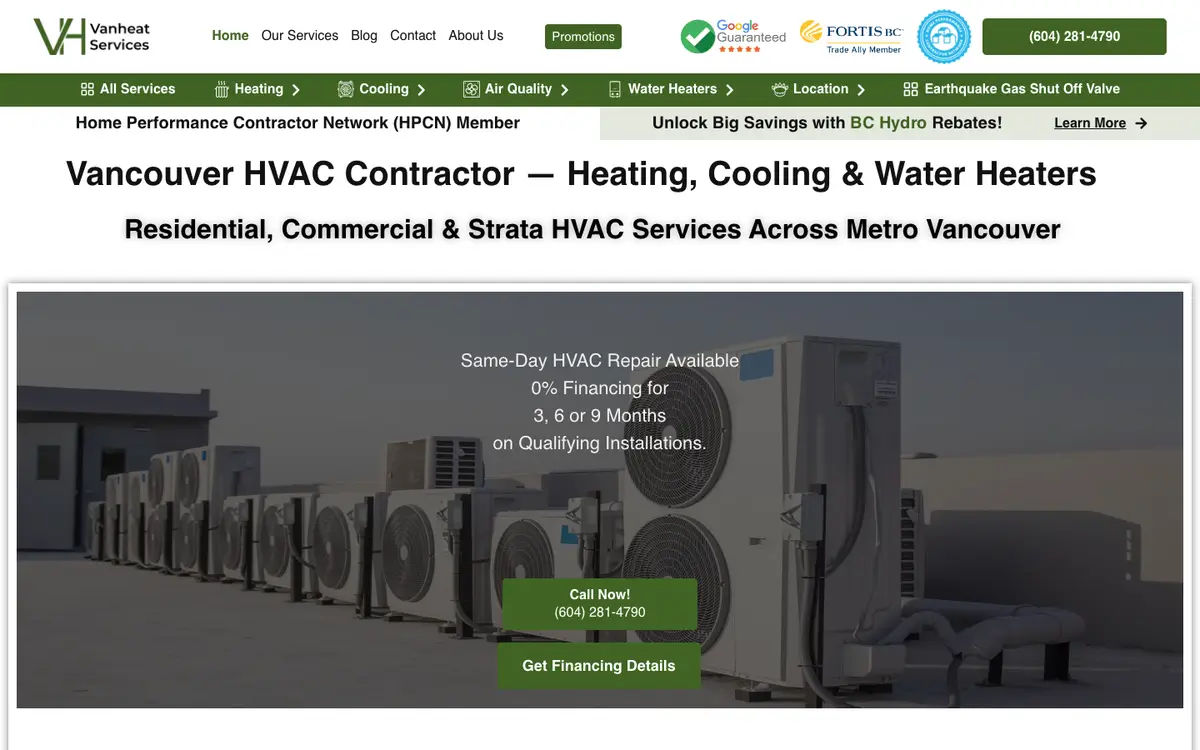 Screenshot of Vanheat Services's homepage in 2026