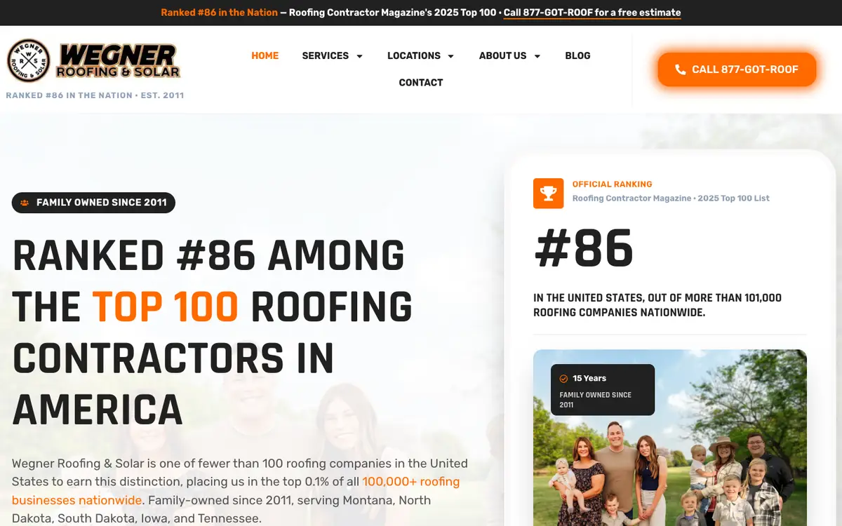 Screenshot of Wegner Roofing & Solar's homepage in 2026