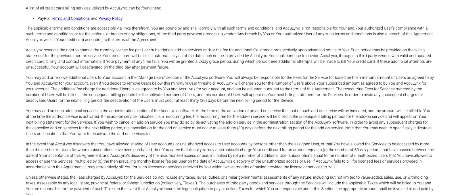 Dense contract text with clauses on licence fee changes, adding and removing users, and add-on activation charges