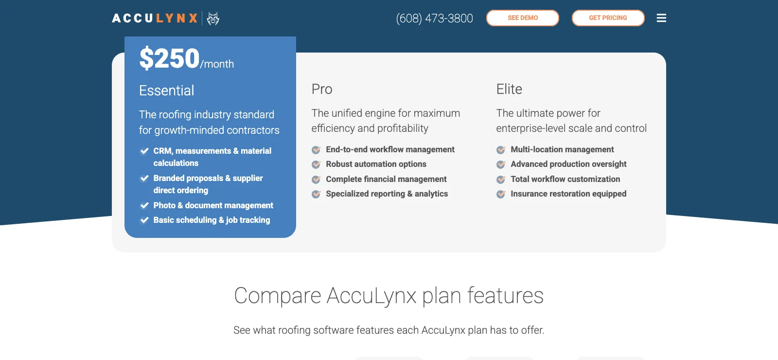 Three AccuLynx plan cards where only the first shows a monthly price and the other two show none