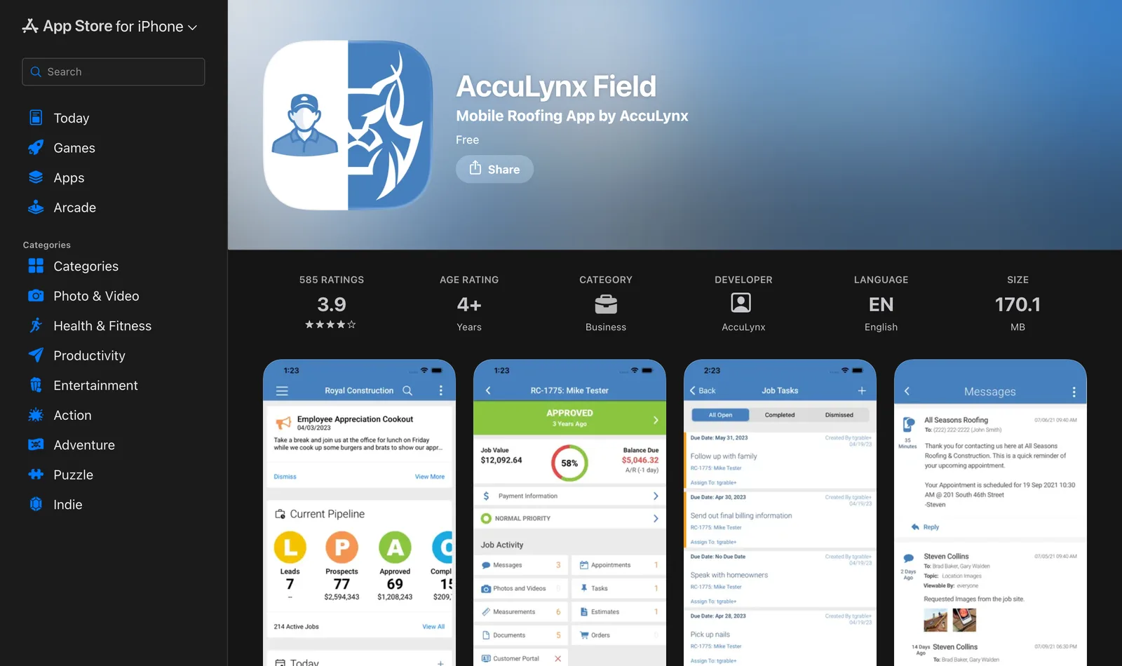 US App Store listing for AccuLynx Field showing a 3.9 rating from 585 ratings