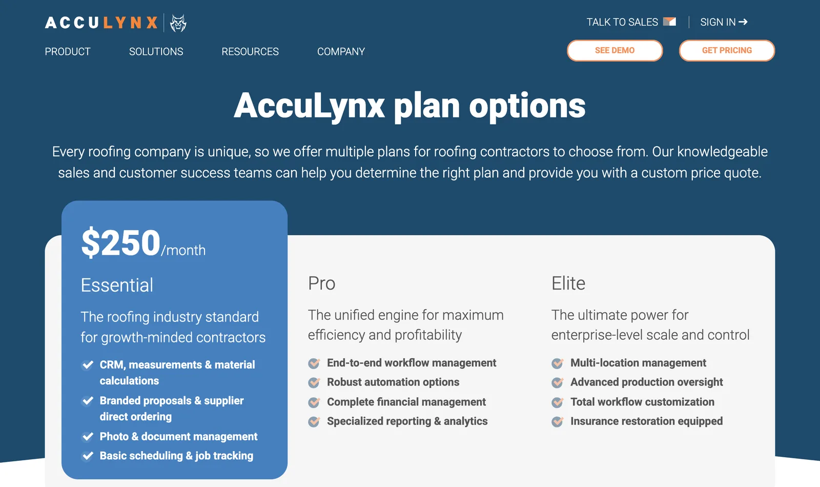 AccuLynx plan options page with 250 dollars a month on Essential and no price shown on Pro or Elite