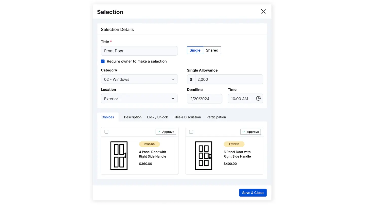 Add a selection form with choice, allowance and approval fields, from Buildertrend product imagery